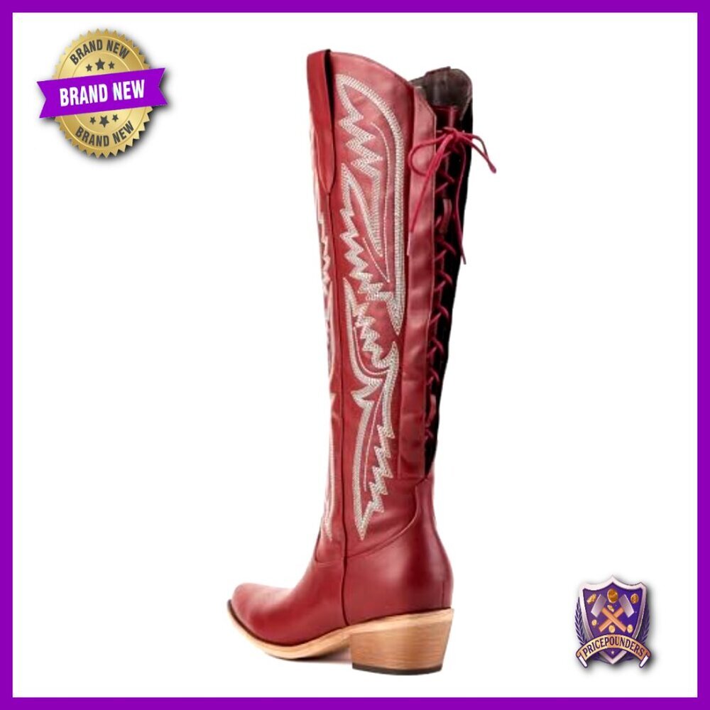 Knee High Cowboy Boots Adjustable Lace Up Embroidered Chunky Heel Western Boots - Picture 5 of 7